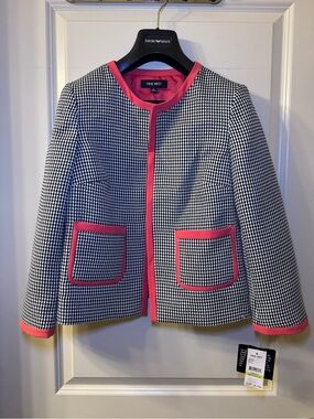 Nine West Black & White Houndstooth Jacket with Pink Trim Accents